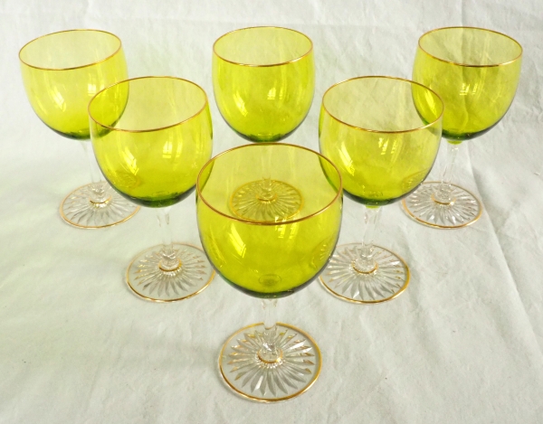 6 Baccarat crystal hock glasses, green overlay crystal enhanced with fine gold