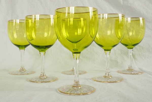 6 Baccarat crystal hock glasses, green overlay crystal enhanced with fine gold