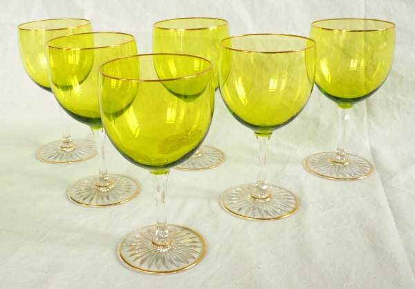 6 Baccarat crystal hock glasses, green overlay crystal enhanced with fine gold