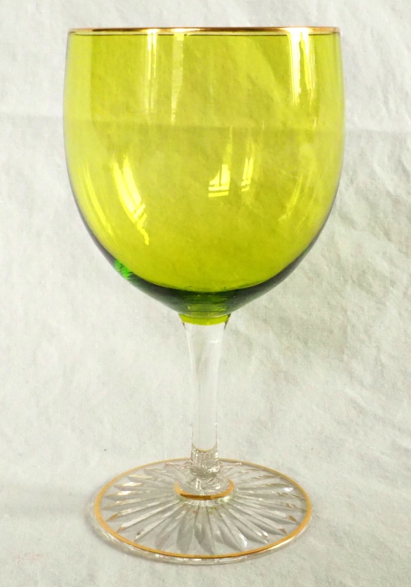 6 Baccarat crystal hock glasses, green overlay crystal enhanced with fine gold