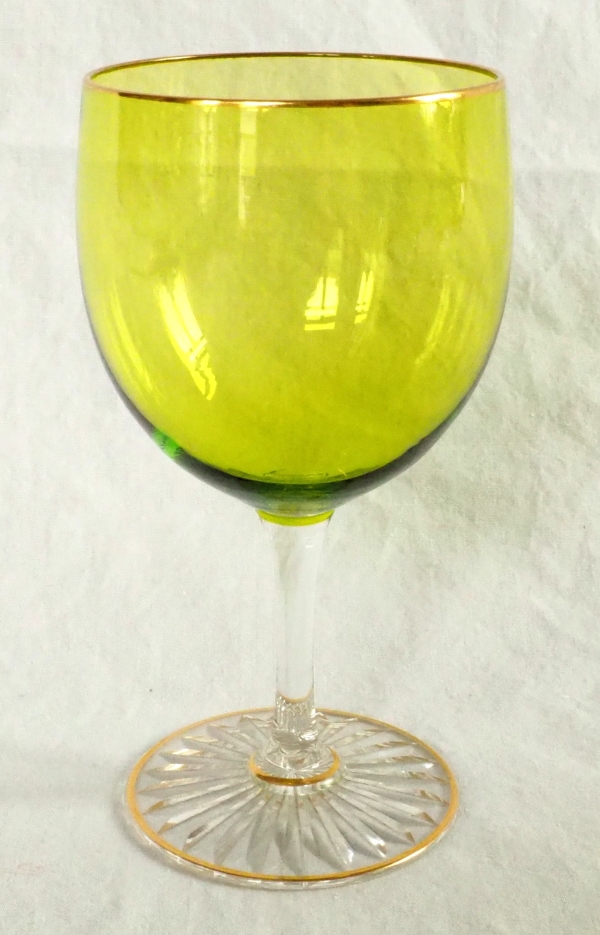 6 Baccarat crystal hock glasses, green overlay crystal enhanced with fine gold