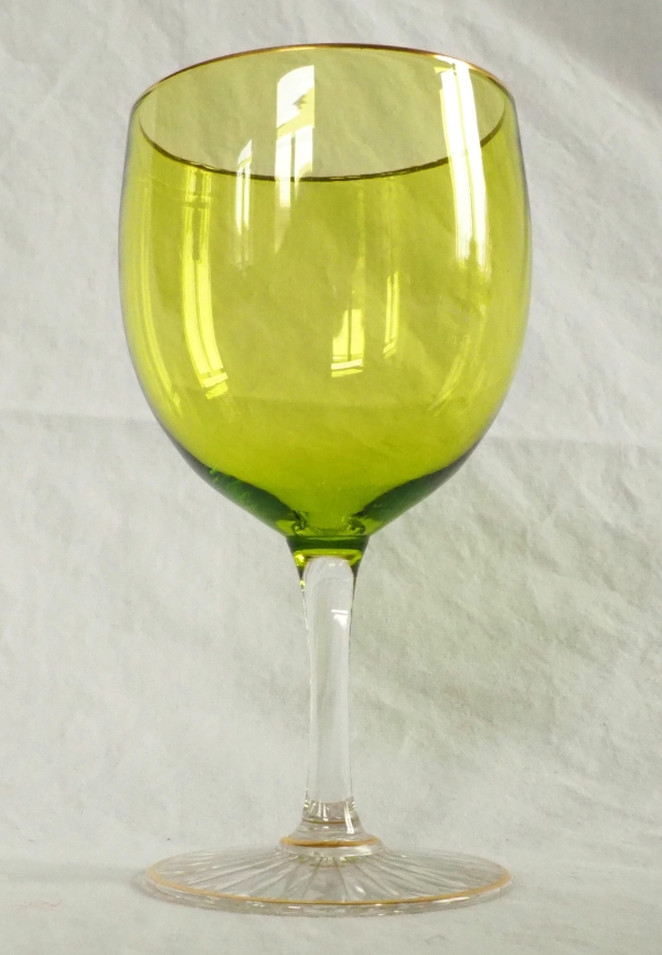 6 Baccarat crystal hock glasses, green overlay crystal enhanced with fine gold