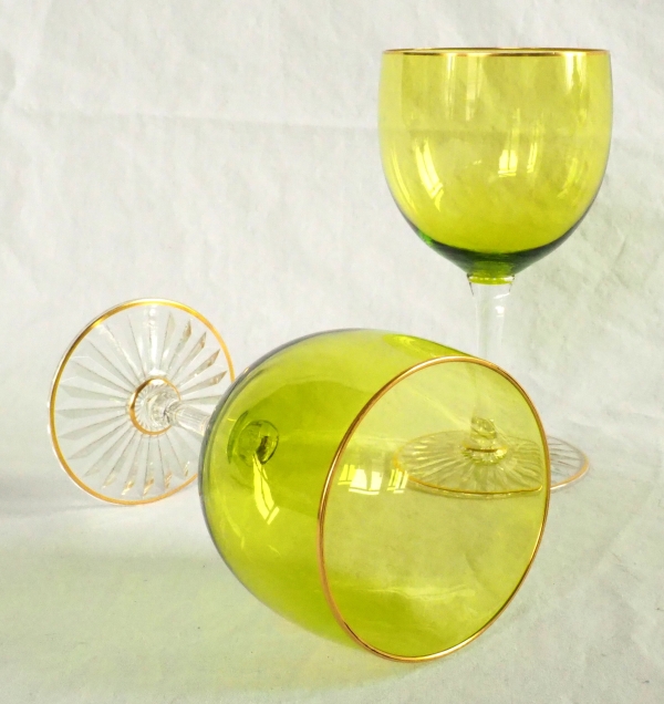6 Baccarat crystal hock glasses, green overlay crystal enhanced with fine gold