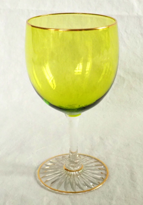 6 Baccarat crystal hock glasses, green overlay crystal enhanced with fine gold
