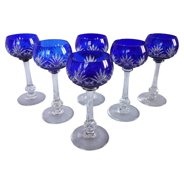 6 Baccarat crystal hock glasses, Massenet pattern, cobalt blue coloured overlay crystal