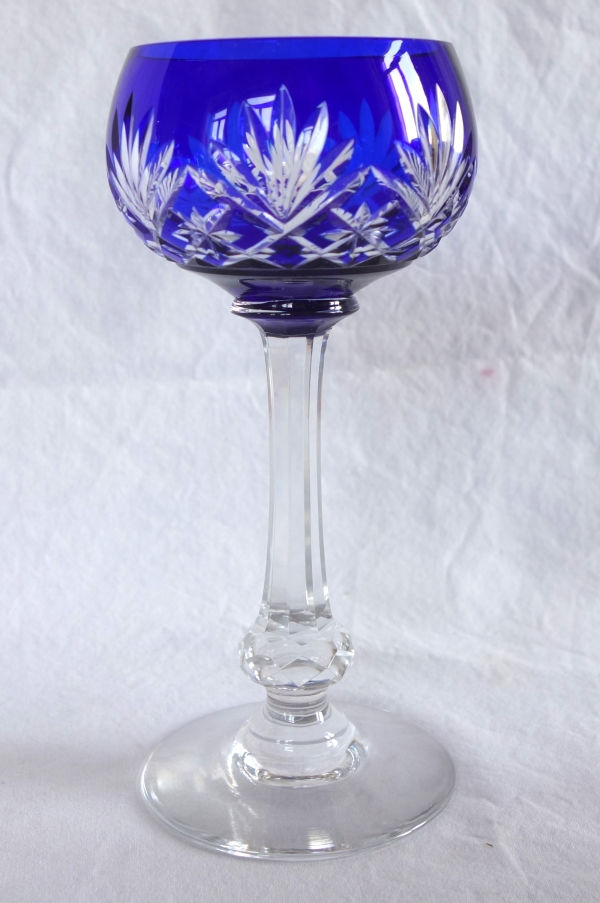 6 Baccarat crystal hock glasses, Massenet pattern, cobalt blue coloured overlay crystal