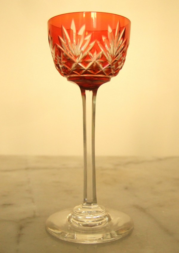 8 crystal liquor glasses, rare Massenet orange overlay pattern