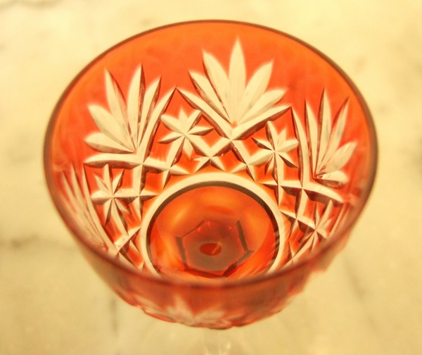 8 crystal liquor glasses, rare Massenet orange overlay pattern