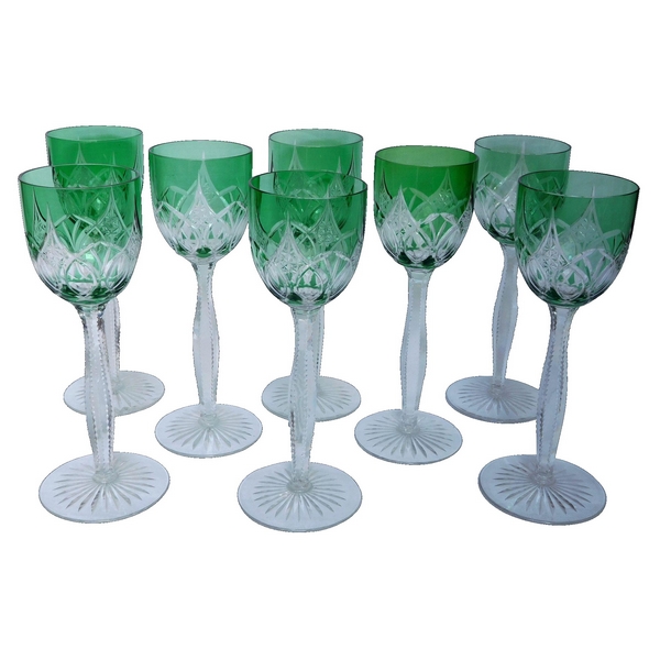 8 Baccarat crystal hock glasses, finely cut green overlay crystal