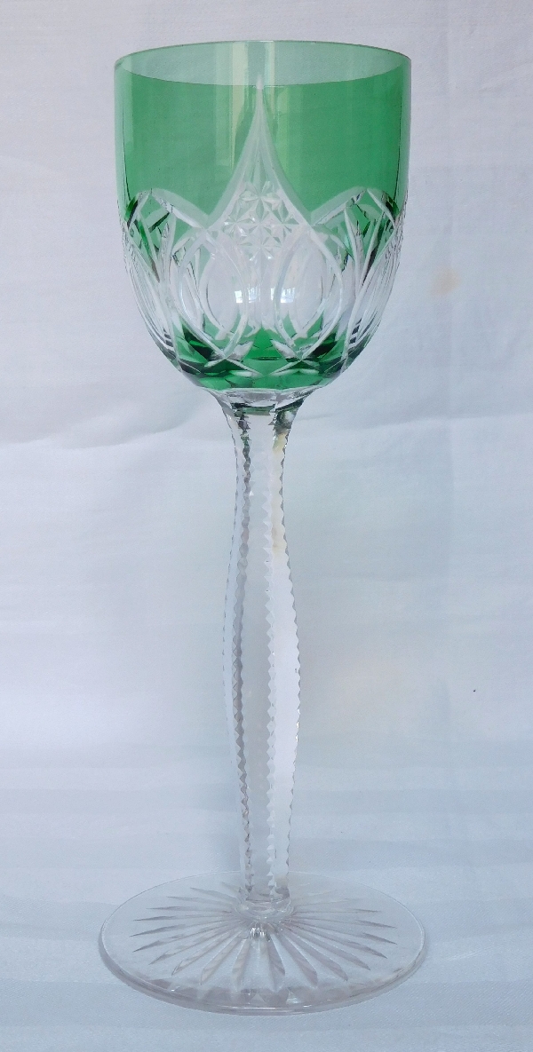 8 Baccarat crystal hock glasses, finely cut green overlay crystal
