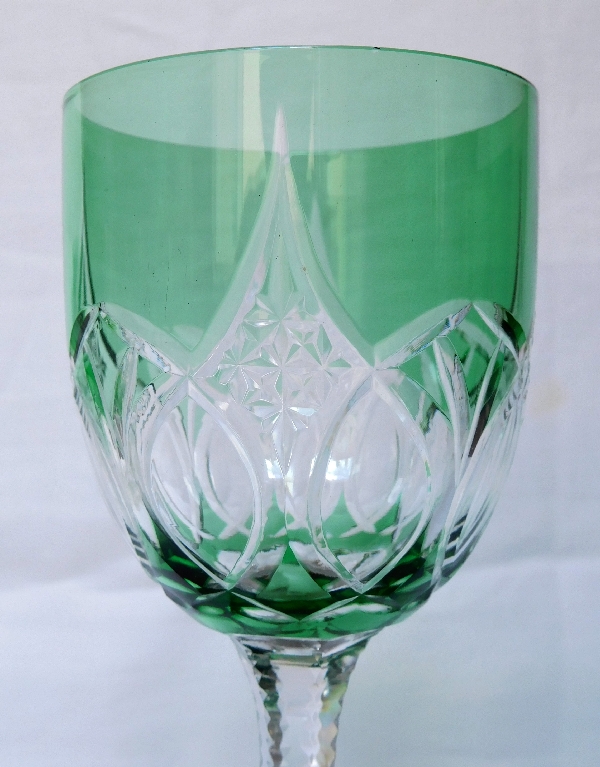 8 Baccarat crystal hock glasses, finely cut green overlay crystal