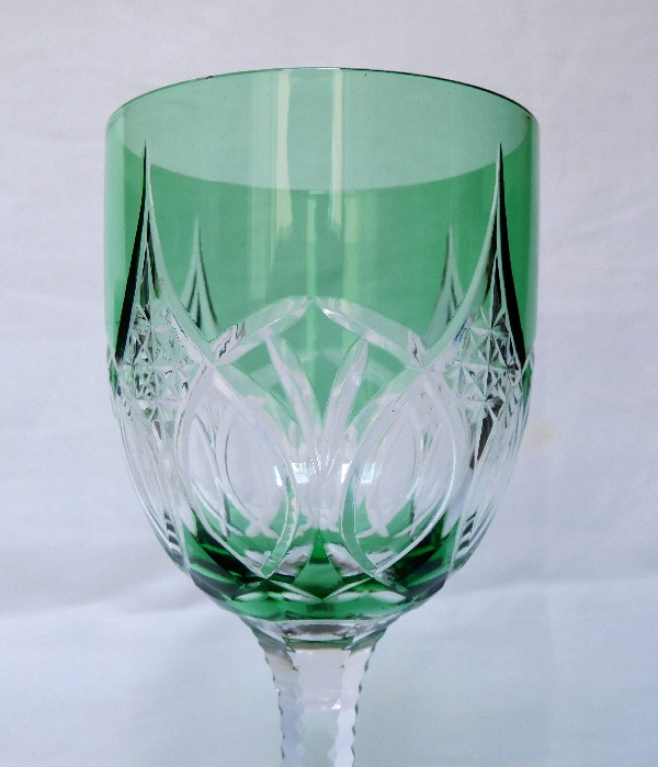 8 Baccarat crystal hock glasses, finely cut green overlay crystal