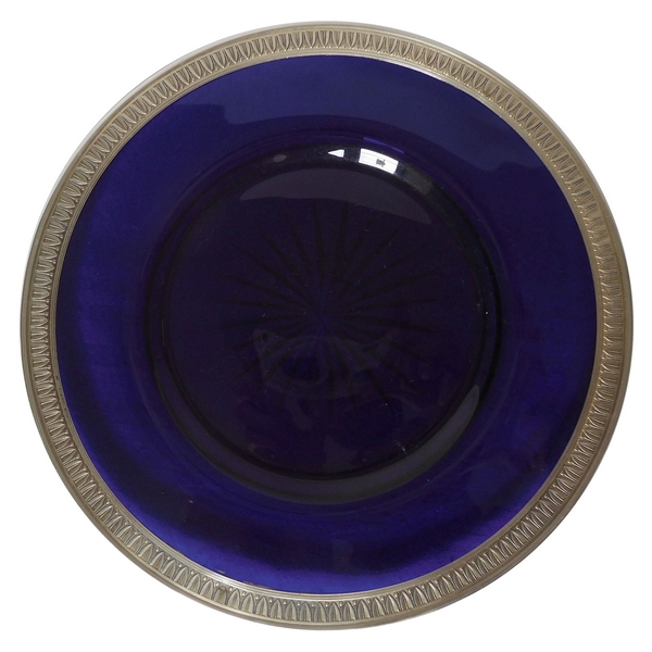 Sterling silver and Baccarat blue cobalt crystal plate, Empire style