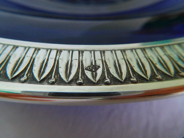 Sterling silver and Baccarat blue cobalt crystal plate or dish, Empire Style