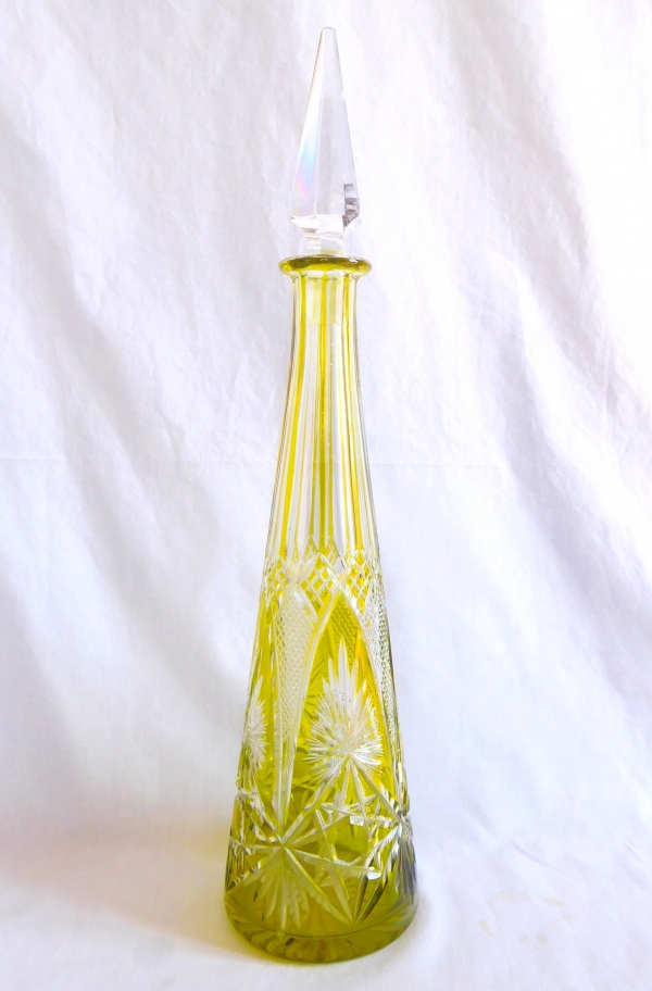 Tall Baccarat overlay crystal decanter, light green crystal
