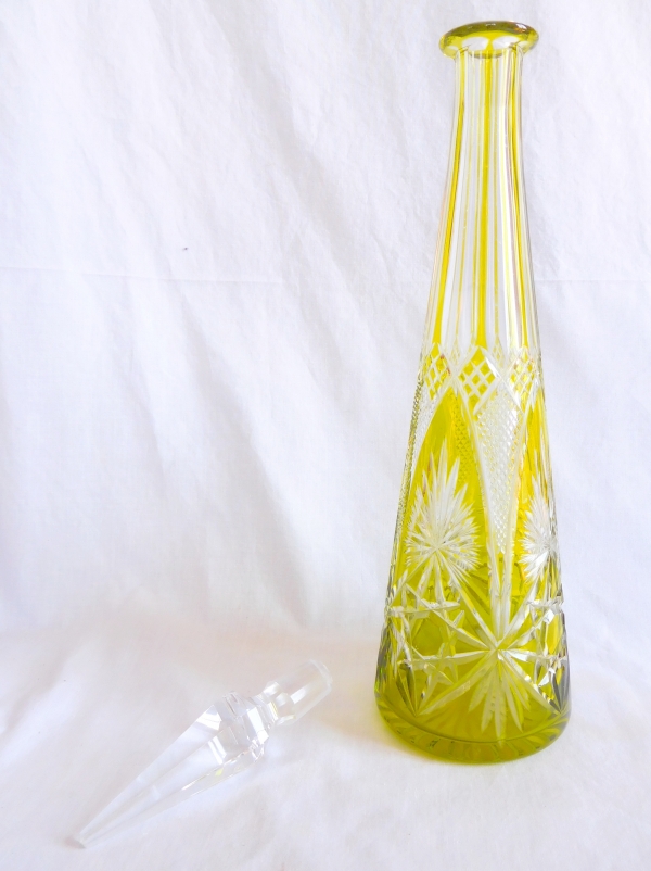 Tall Baccarat overlay crystal decanter, light green crystal