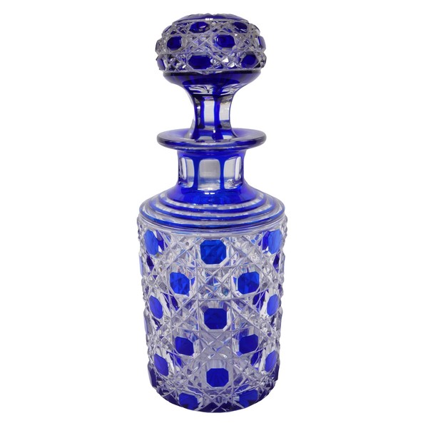 Tall Baccarat overlay crystal perfume bottle, Diamants Pierreries pattern, blue overlay crystal - 19.5cm