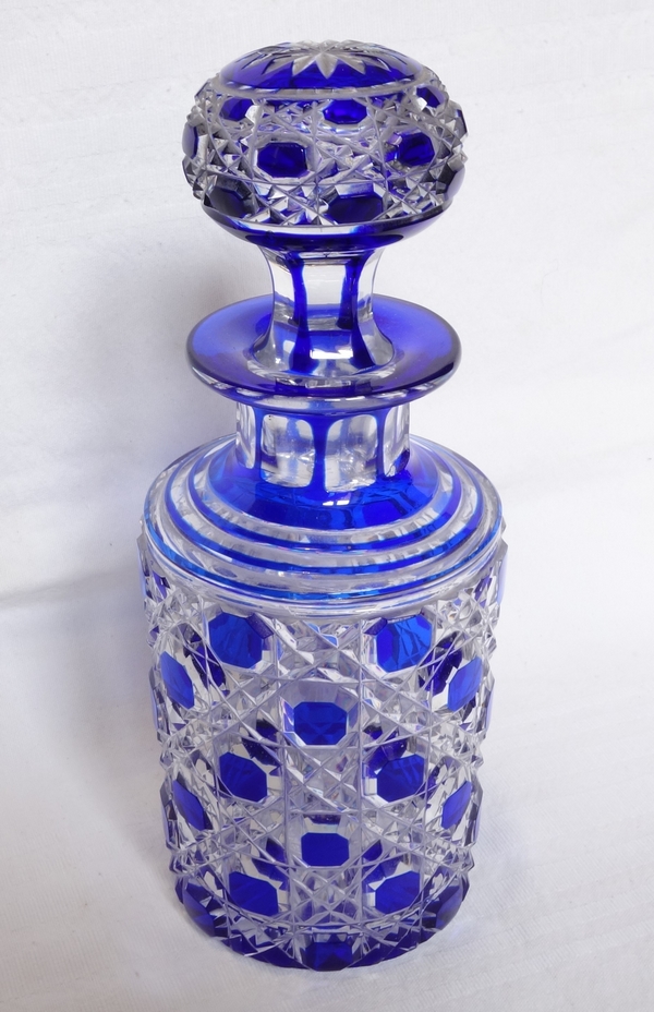 Tall Baccarat overlay crystal perfume bottle, Diamants Pierreries pattern, blue overlay crystal - 19.5cm