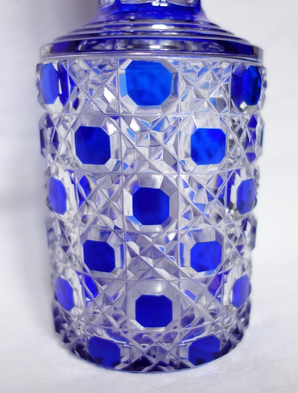 Tall Baccarat overlay crystal perfume bottle, Diamants Pierreries pattern, blue overlay crystal - 19.5cm