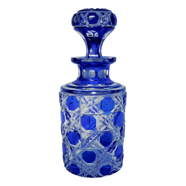 Baccarat overlay crystal small perfume bottle, Diamants Pierreries pattern, blue overlay crystal