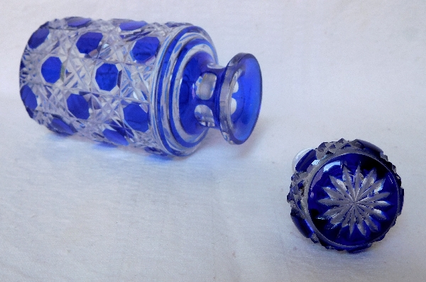 Baccarat overlay crystal small perfume bottle, Diamants Pierreries pattern, blue overlay crystal