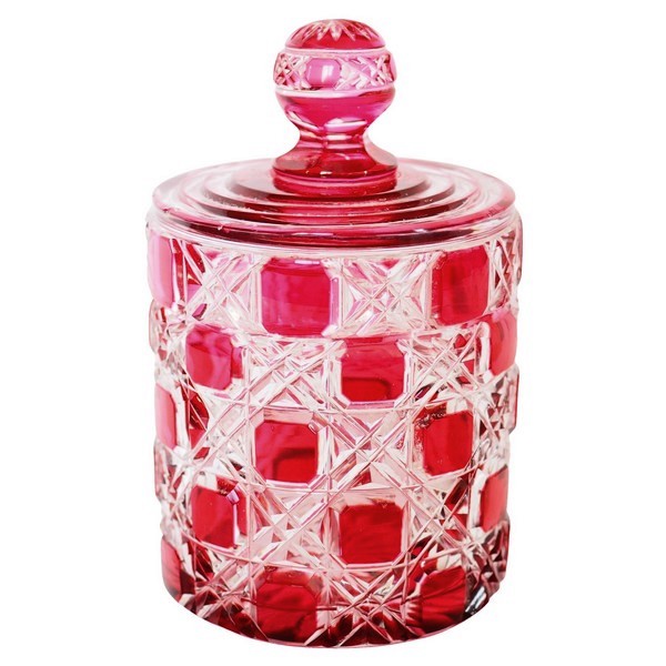 Baccarat crystal sugar pot / powder box, Diamants Pierreries pattern, pink overlay crystal