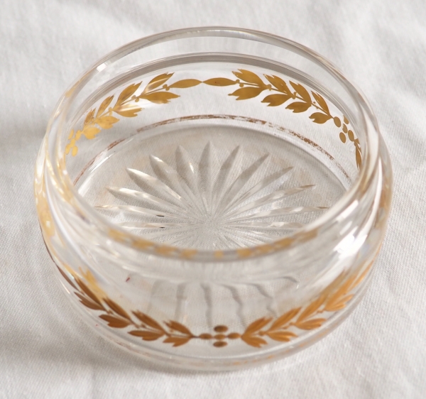 Boîte à boutons de manchettes ronde de style Empire en cristal de Baccarat dorée à l'or fin