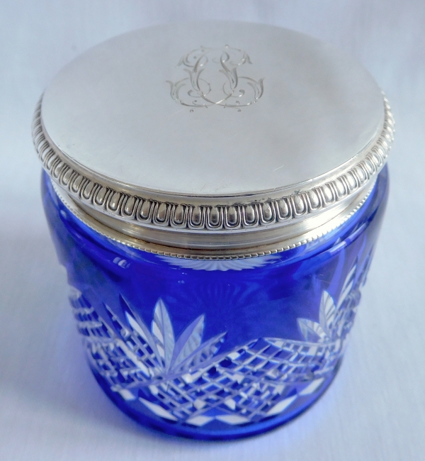 Baccarat crystal and sterling silver cufflinks box, Douai pattern, blue overlay crystal