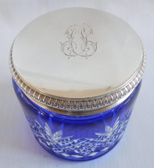 Baccarat crystal and sterling silver cufflinks box, Douai pattern, blue overlay crystal