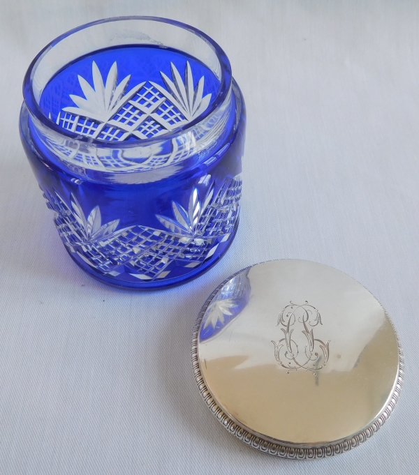 Baccarat crystal and sterling silver cufflinks box, Douai pattern, blue overlay crystal