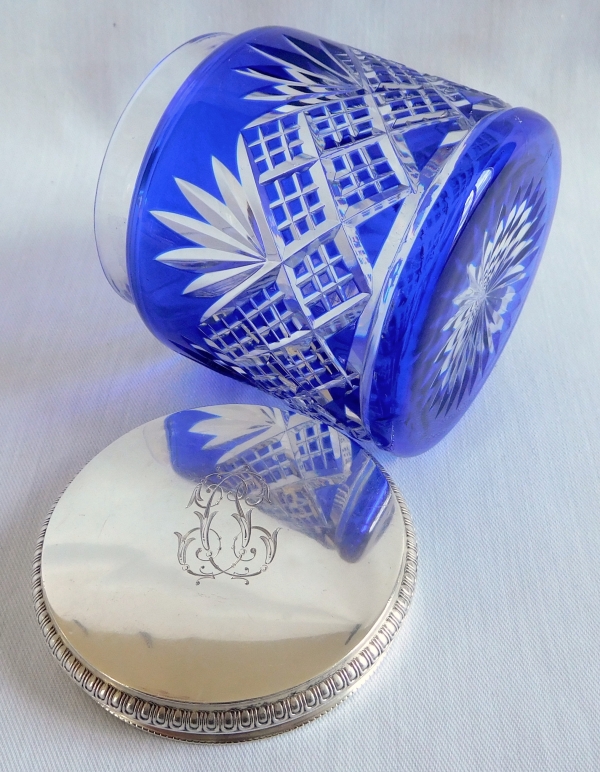 Baccarat crystal and sterling silver cufflinks box, Douai pattern, blue overlay crystal