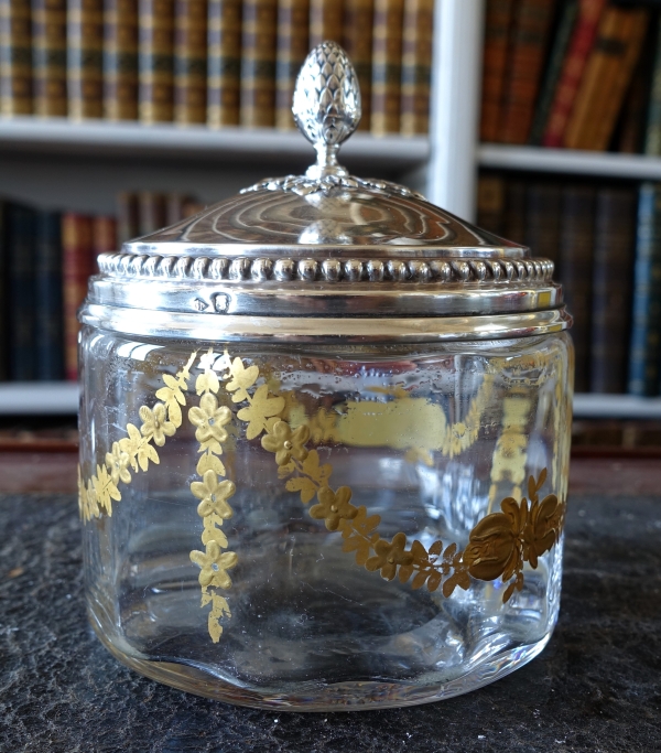 Baccarat crystal Louis XVI style box, sterling silver lid by Puiforcat