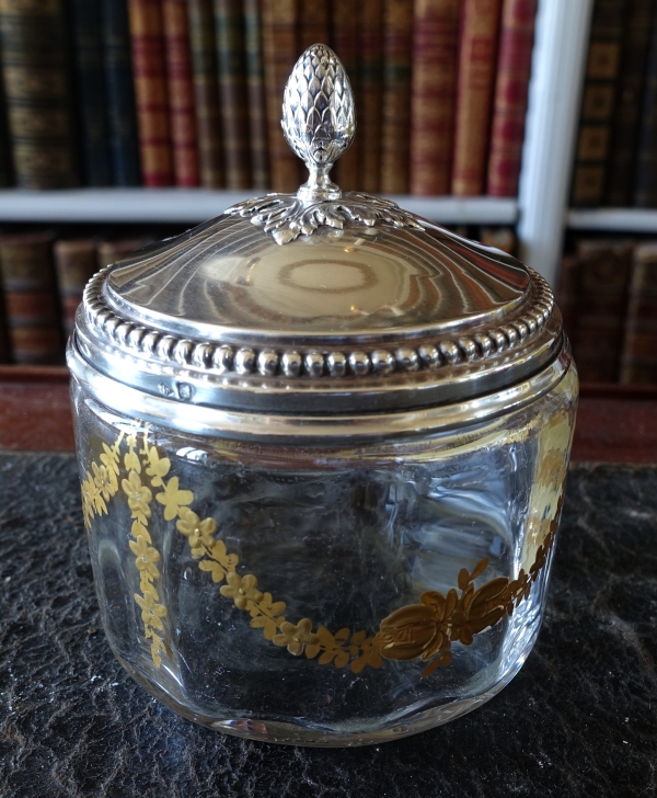 Baccarat crystal Louis XVI style box, sterling silver lid by Puiforcat