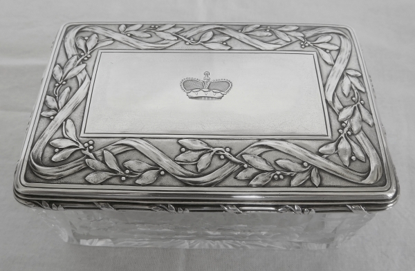 Baccarat crystal and sterling silver box, crown of Prince engraved