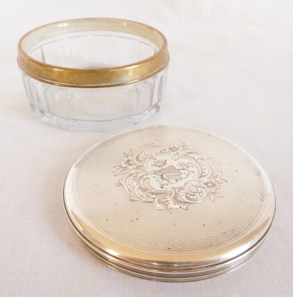 Crystal and sterling silver powder / cufflinks box, crown of Marquis and coat of arms, 19th century