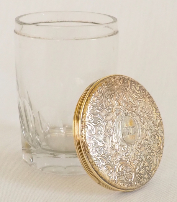 Tall crystal and vermeil (sterling silver) box, LG monogram, mid 19th century