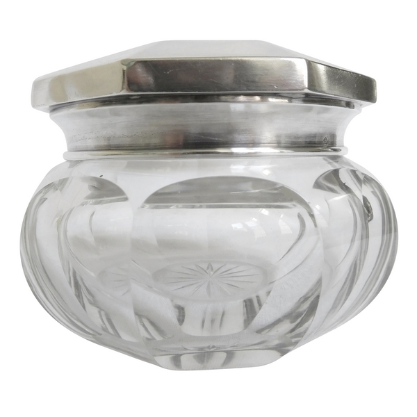 Baccarat crystal powder box, Malmaison pattern, sterling silver lid