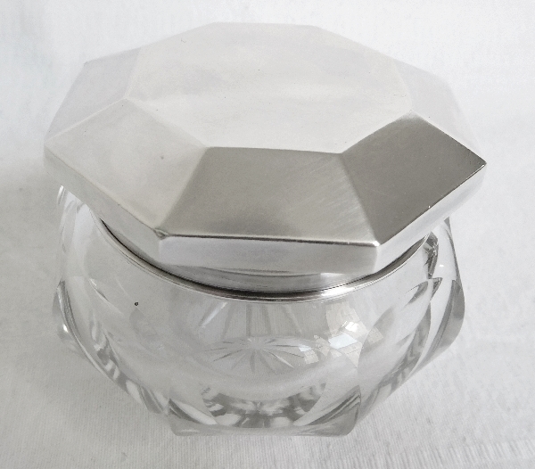 Baccarat crystal powder box, Malmaison pattern, sterling silver lid