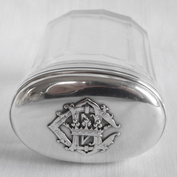 Baccarat crystal and sterling silver oval box, crown of Marquis and CB monogram