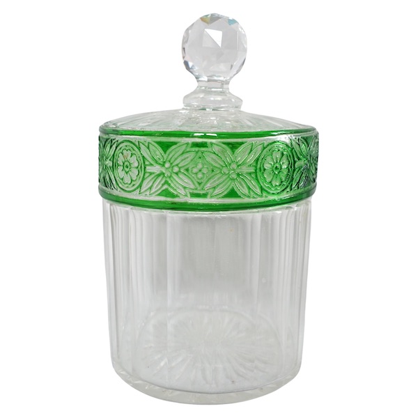 Baccarat crystal sugar pot / powder box, Empire pattern, green overlay crystal