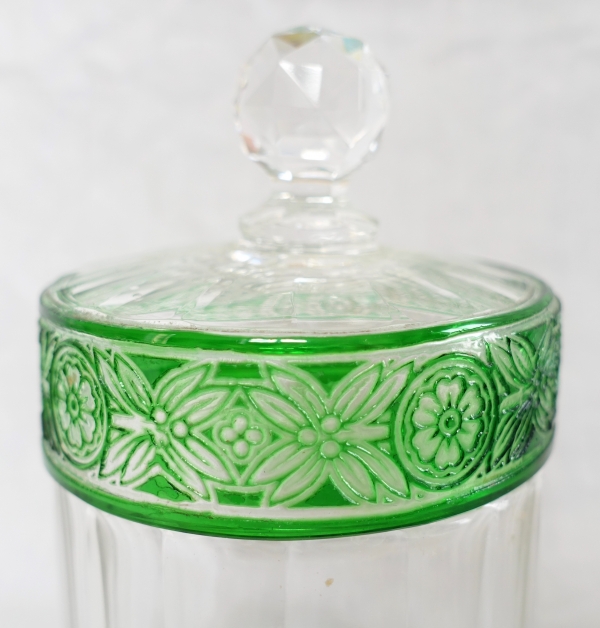 Baccarat crystal sugar pot / powder box, Empire pattern, green overlay crystal