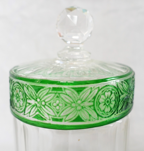 Baccarat crystal sugar pot / powder box, Empire pattern, green overlay crystal