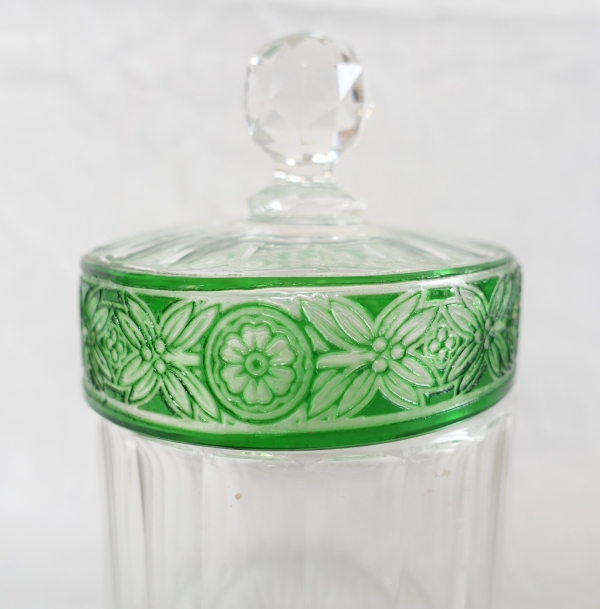 Baccarat crystal sugar pot / powder box, Empire pattern, green overlay crystal
