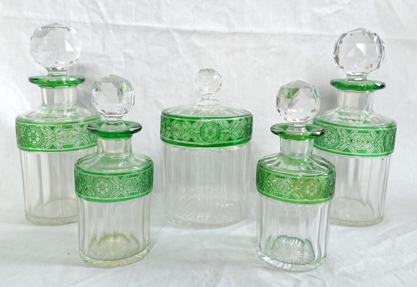 Baccarat crystal sugar pot / powder box, Empire pattern, green overlay crystal