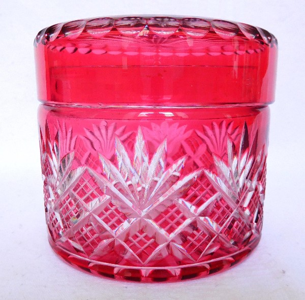 Antique French Baccarat crystal powder box, pink overlay crystal