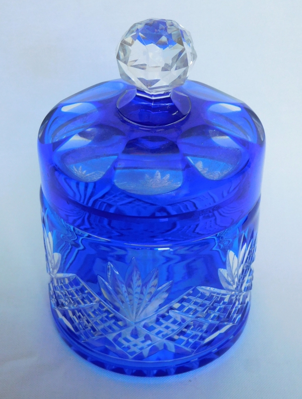 Antique French Baccarat crystal powder box, cobalt blue crystal, Douai pattern