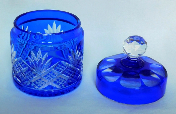 Antique French Baccarat crystal powder box, cobalt blue crystal, Douai pattern