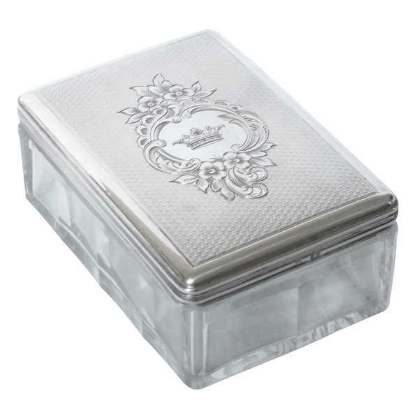 Boîte rectangulaire en cristal et argent massif guilloché, couronne de Marquis, vers 1860