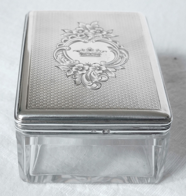 Boîte rectangulaire en cristal et argent massif guilloché, couronne de Marquis, vers 1860