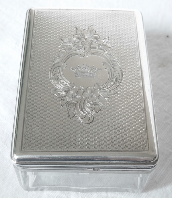 Boîte rectangulaire en cristal et argent massif guilloché, couronne de Marquis, vers 1860